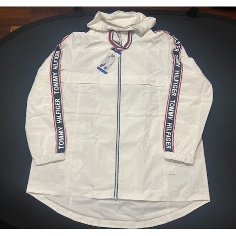 Tommy Hilfiger Women's Long Full Zip Hooded Windbreaker White‎ Jacket NWT - L